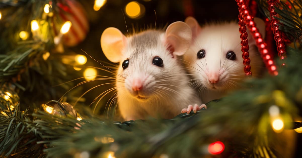 white rats between holiday trees