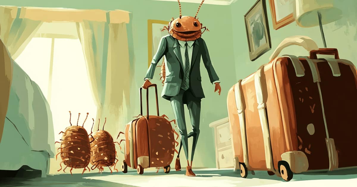 bedbug dressed in suit walking with luggage and other bedbugs into bedroom, concept of New Hampshire Bed Bug Law: Infestation Requirements