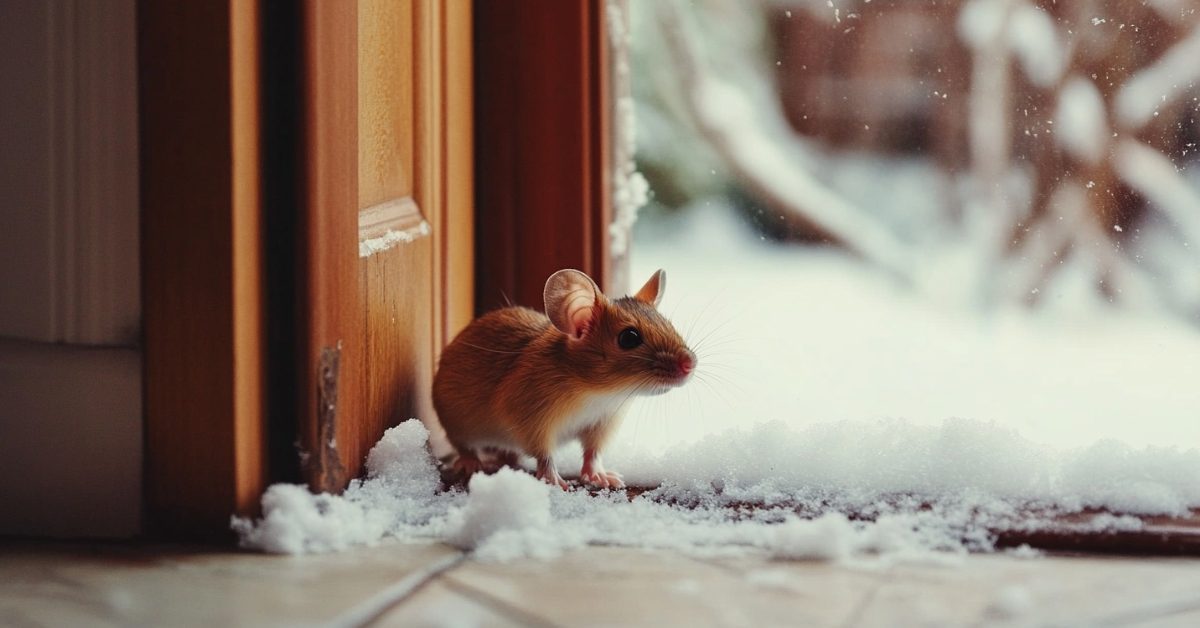 mouse entering through door with snow outside, concept of pest control plans for 2025