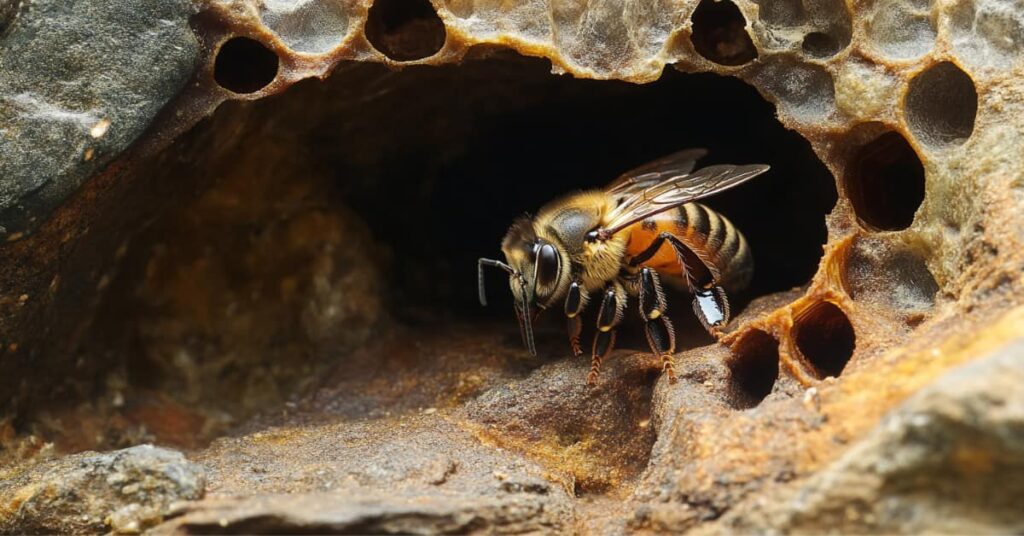 bee leaving bee hive after winter dormancy, concept of bee season