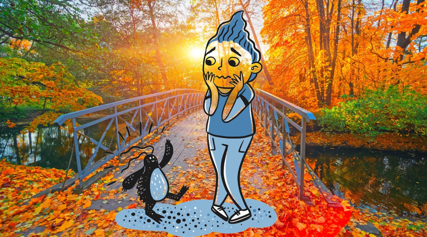 leaves on path in the fall with cartoon of person looking at bug