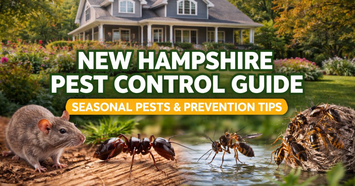 new hampshire pest control guide with words seasonal pests & prevention tips, house and ants in background