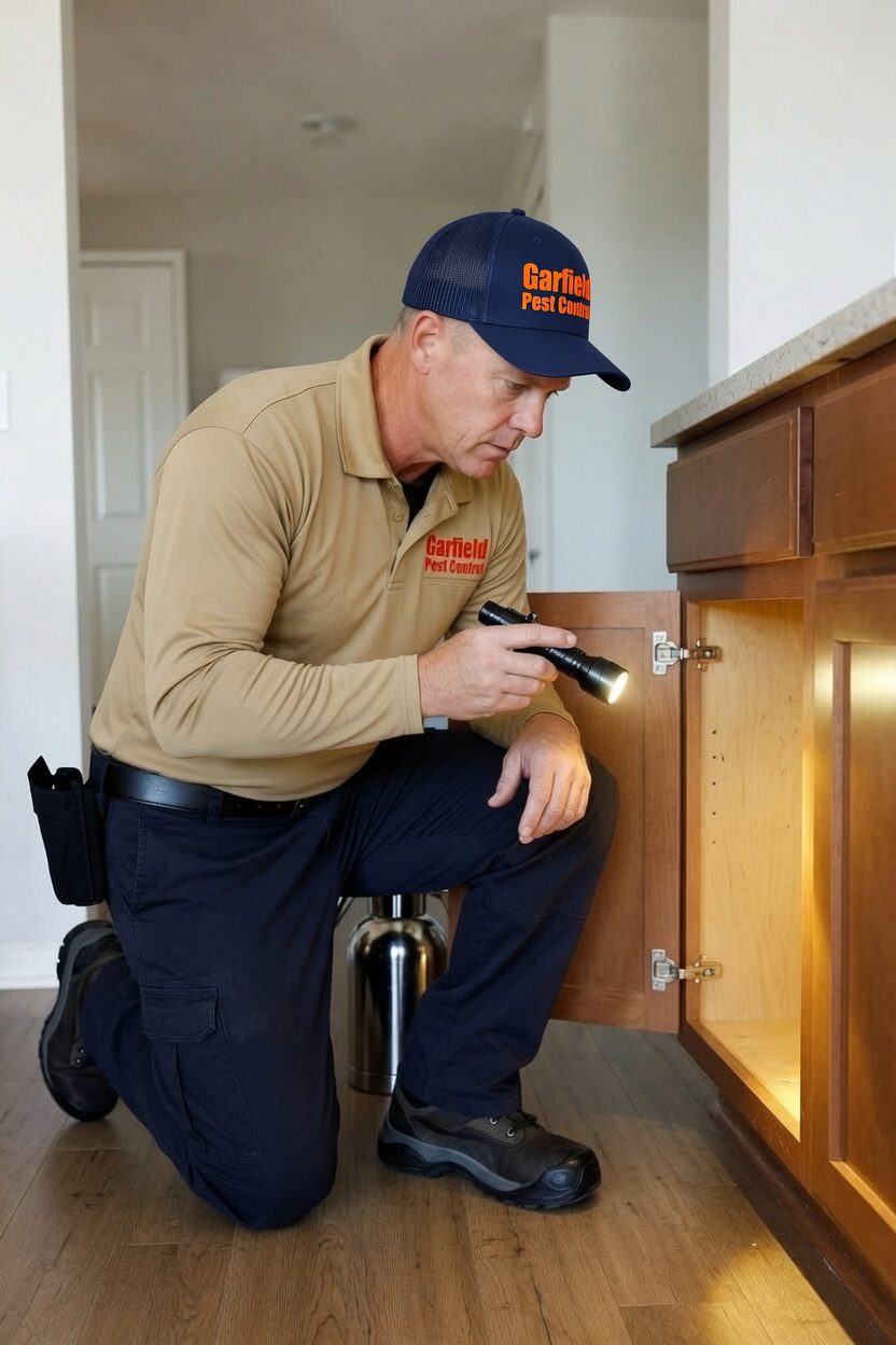 A pest control technician wearing a tan uniform and navy cap kneels on a hardwood floor, shining a flashlight inside an open kitchen cabinet while inspecting for signs of pests. A sprayer and tool pouch are visible beside him, and the cabinet interior is illuminated by the flashlight.